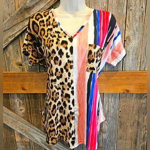 southern stitch Women Stripes And Leopard Short Sleeves Soft Stretch Career ^^